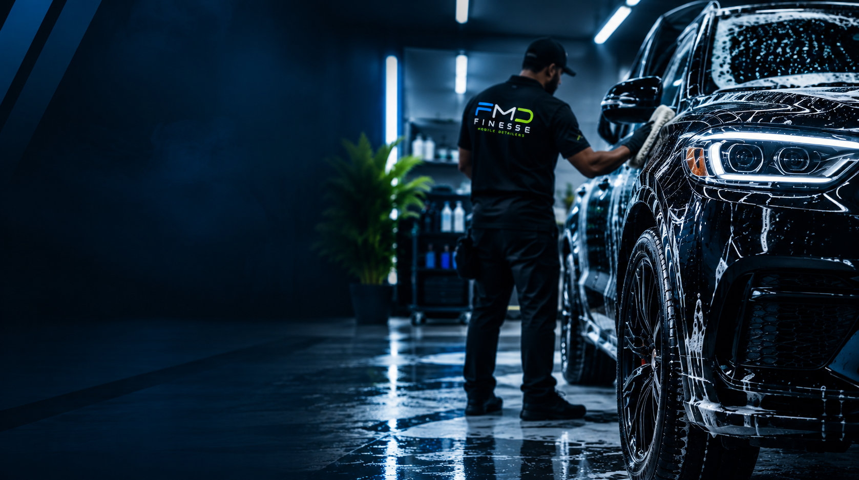 Finesse technician foam washing a luxury SUV