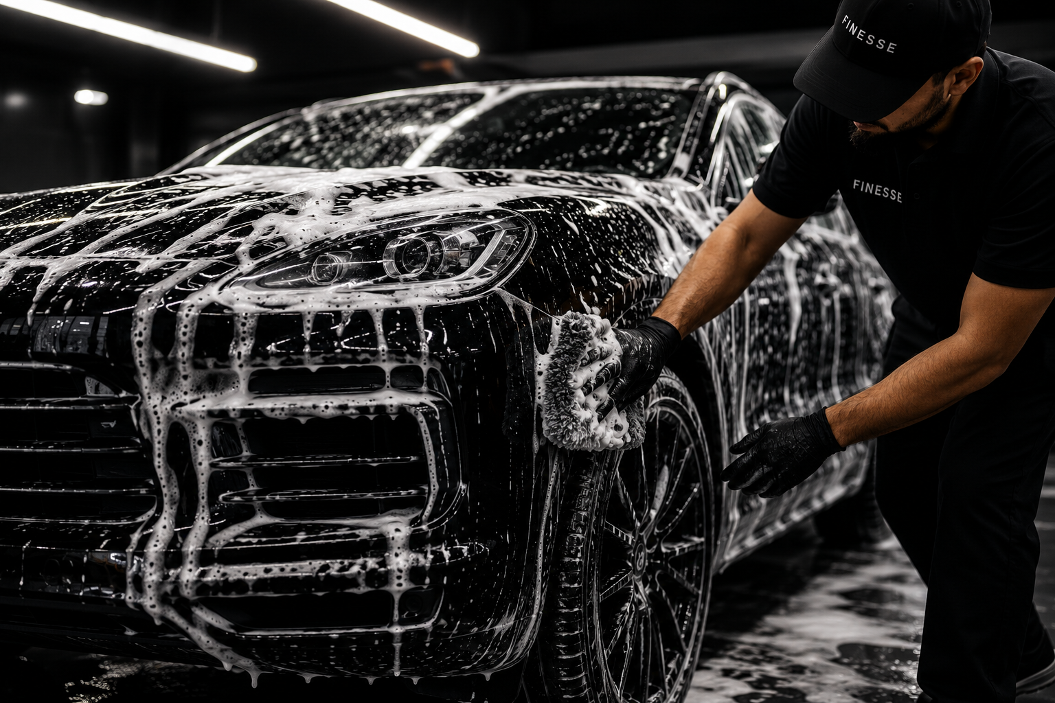 Finesse detailer hand-washing a foam-covered luxury vehicle
