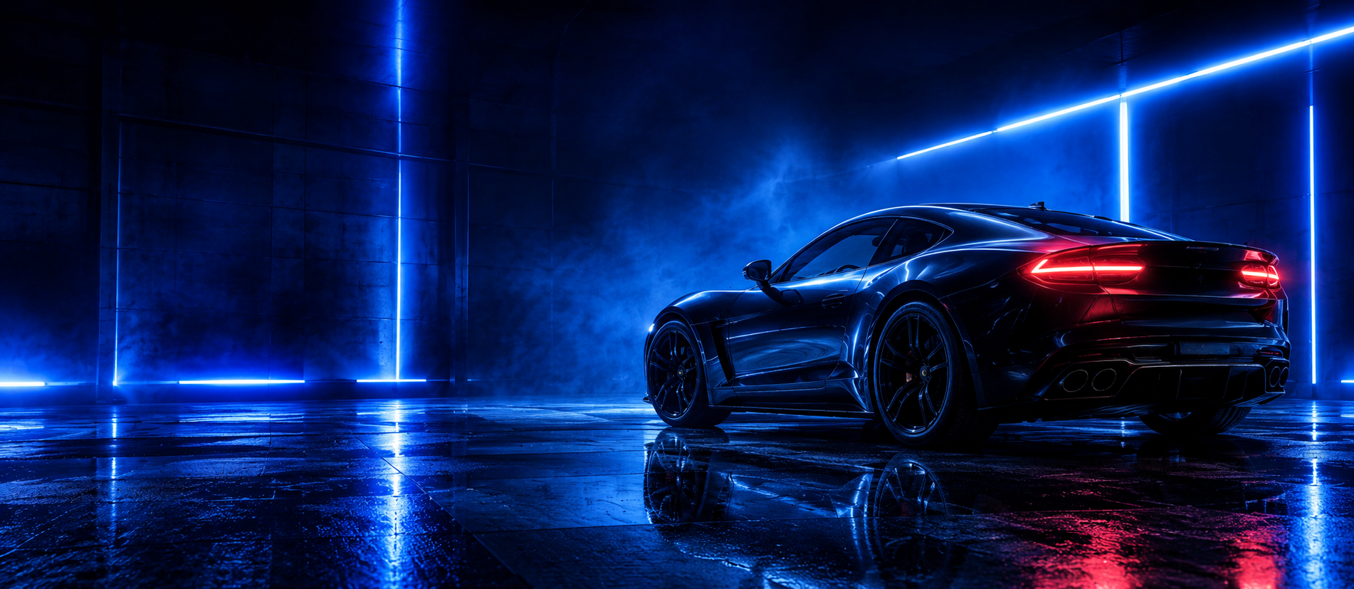 Black luxury coupe in neon-lit studio