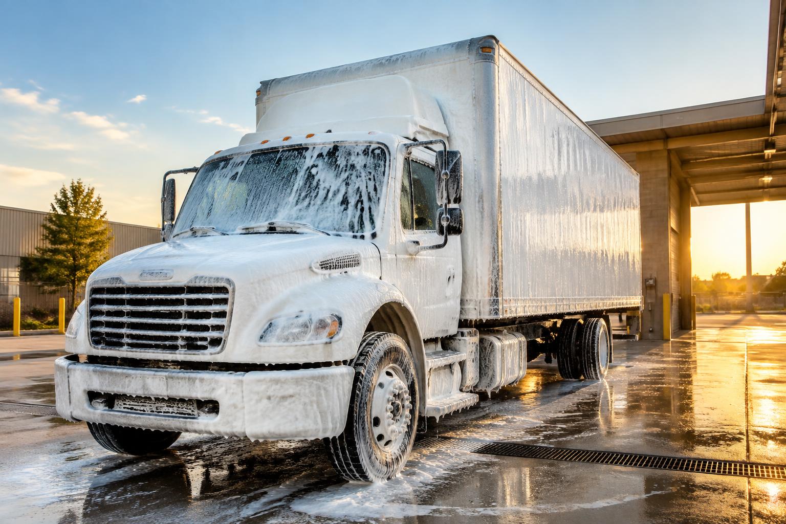 White box truck covered in foam soap in an outdoor industrial wash yard