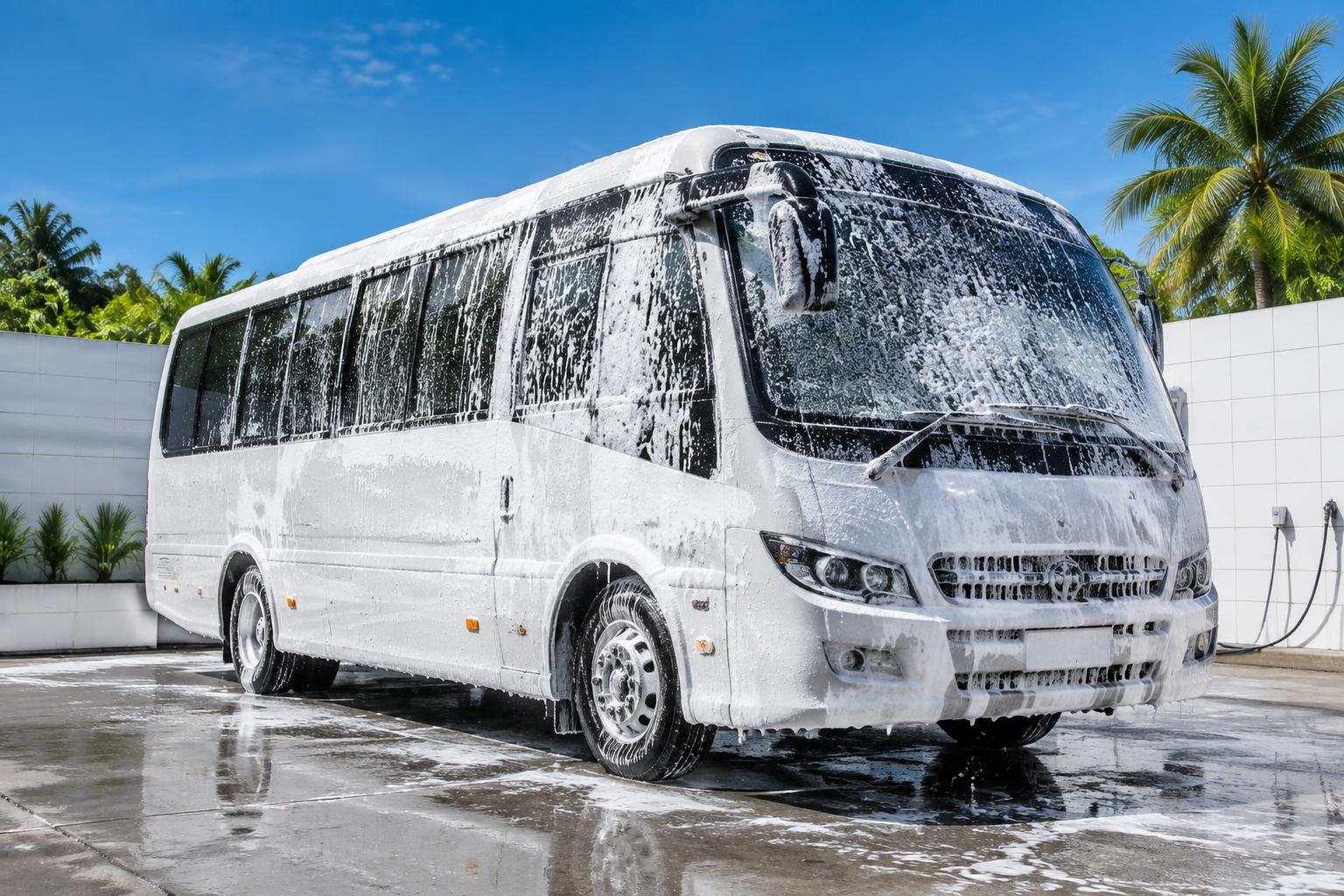 Passenger bus covered in foam soap during a wash