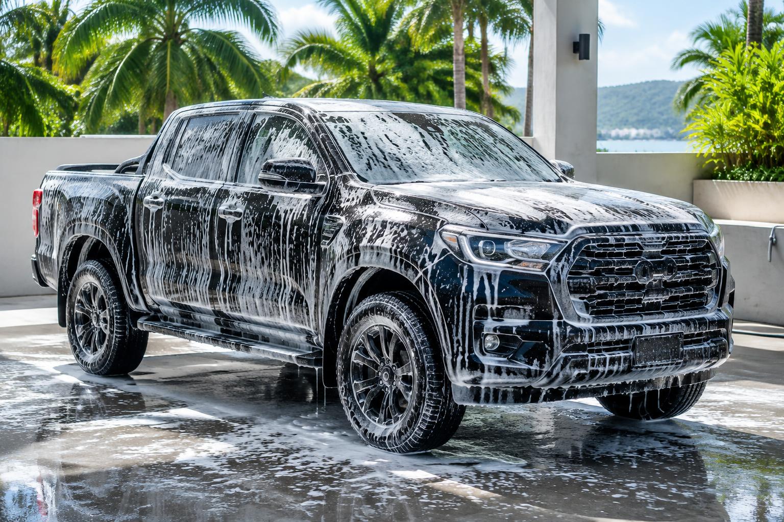 Black pickup truck covered in foam soap in a tropical wash bay