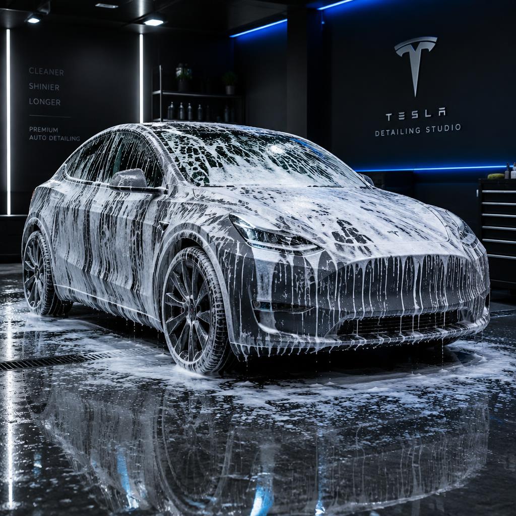 Grey Tesla covered in thick foam during a wash